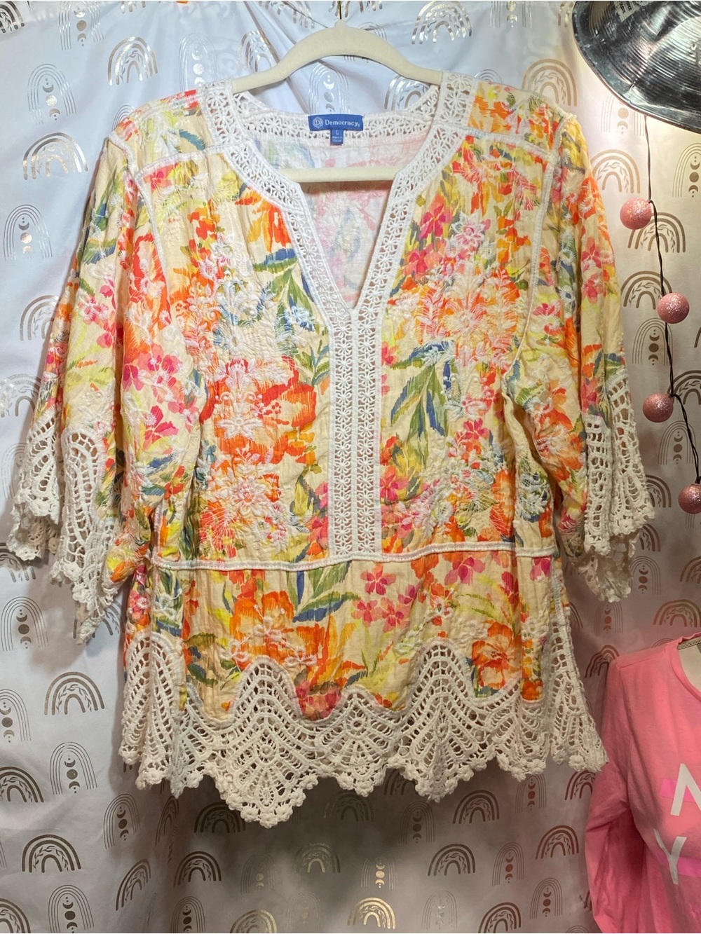 Democracy Floral Crochet-Trim Tunic - Cream Multi